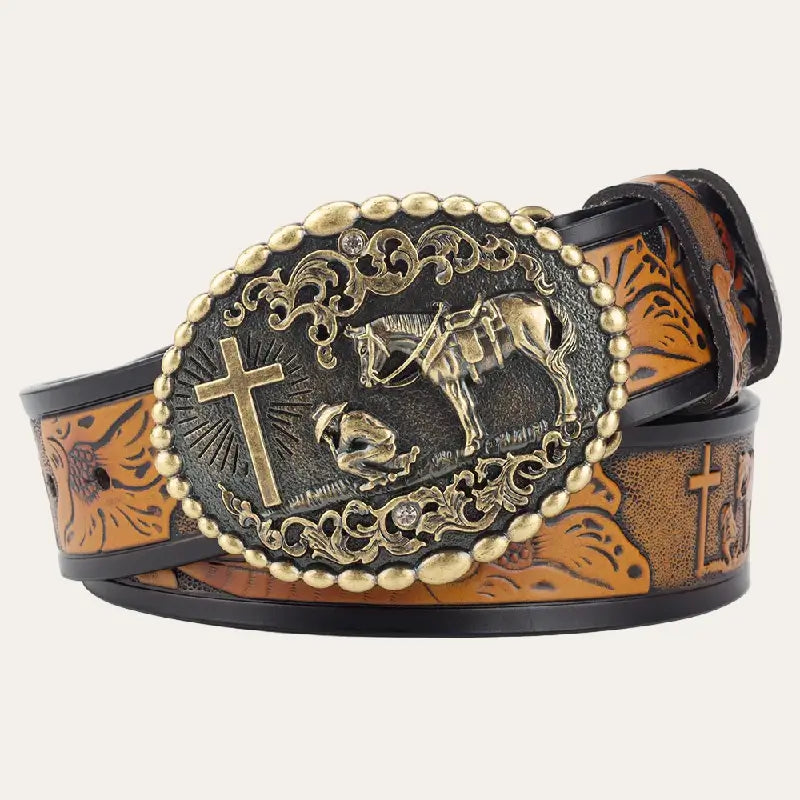 Western Style Belt – Cowboy Leather Belt with Removable Buckle