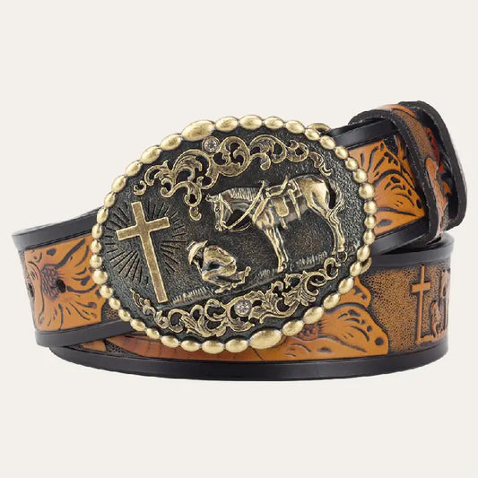Western Style Belt – Cowboy Leather Belt with Removable Buckle
